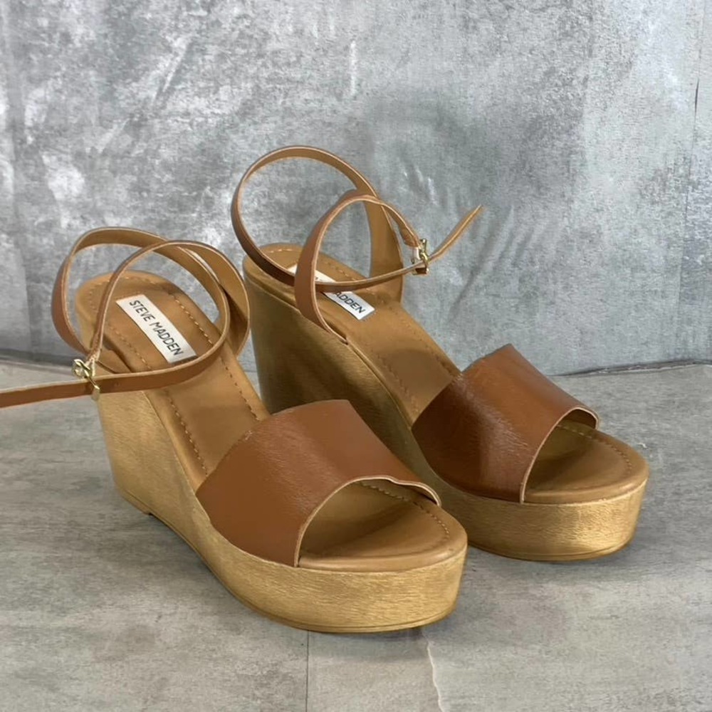 Steve Madden Women's Cognac Leather Welsh Ankle-Strap Wedge Sandals SZ 10 - Picture 2 of 9